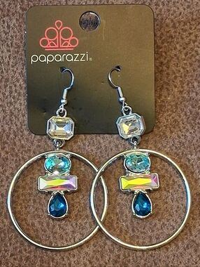 Paparazzi Silver Hoop Earrings with Blue and Iridescent Gemstones